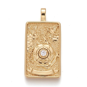 Brass Micro Pave Clear Cubic Zirconia Pendants, Real 18K Gold Plated, Tarot Card Charms, The Wheel of Fortune, Real 18K Gold Plated, 30x15x4mm, Hole: 3~4mm