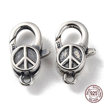 925 Thailand Sterling Silver Lobster Claw Clasps, Peace Sign, with 925 Stamp, Antique Silver, 12.5x7.5x4mm, Hole: 1.2mm