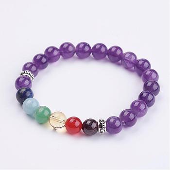 Natural Gemstone Beads Stretch Bracelets, with Donut Tibetan Style Alloy Spacer Beads, 1-7/8 inch~2 inch(49~51mm)