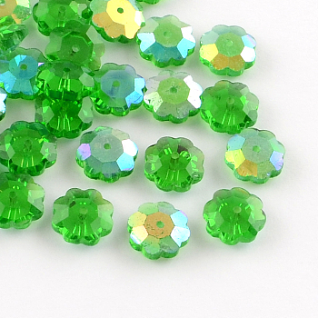 AB-Color Plated Flower Transparent Glass Beads, Marguerite Beads, Faceted, Green, 9.5~10x4mm, Hole: 1mm