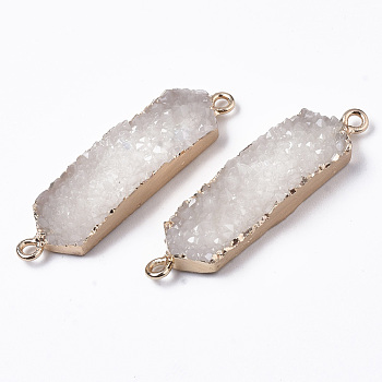 Druzy Resin Links, with Edge Light Gold Plated Iron Loops, Nuggets, WhiteSmoke, 42.5~43.5x10.5x6.5mm, Hole: 1.6mm