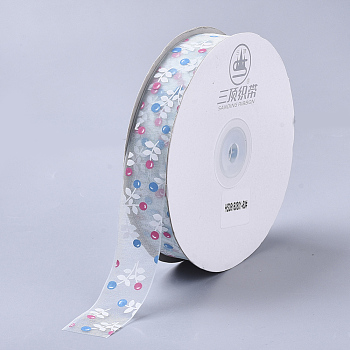 Flower Pattern Printed Polyester Organza Ribbons, Azure, 1 inch(25mm), about 100yards/roll
