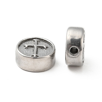 304 Stainless Steel Beads, Flat Round with Cross, Stainless Steel Color, 10.5x4.5mm, Hole: 1.6mm