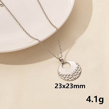 304 Stainless Steel Flat Round Pendant Necklace for Women, Cable Chain Necklaces