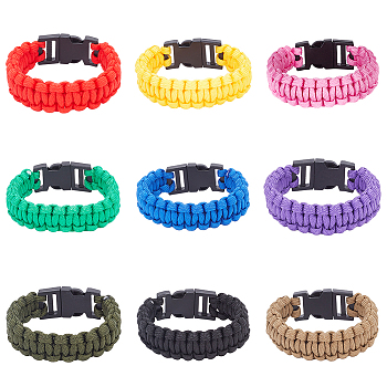 9Pcs 9 Colors Survival Polyester Cord Bracelets Set with Plastic Clasps for Hiking Camping Outdoor, Mixed Color, 9-1/8 inch(23.1cm), 1Pc/color