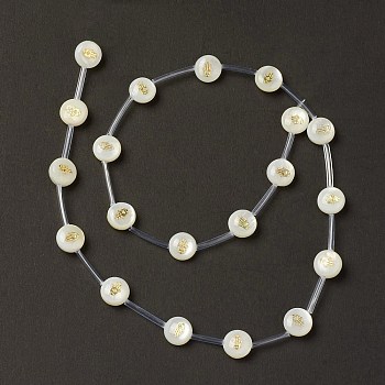 Natural Freshwater Shell Beads Strands, with Brass Slices and Enamel, Seashell Color, Flat Round, Hamsa Hand Pattern, 8.5x3.2mm, Hole: 0.7mm, about 20pcs/strand, 15.55''(39.5cm)
