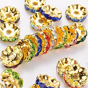 Brass Rhinestone Spacer Beads, Grade AAA, Wavy Edge, Nickel Free, Golden Metal Color, Rondelle, 10x4mm, Hole: 2mm