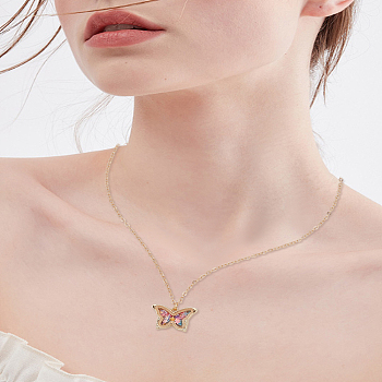 1Pc Zinc Alloy & Glass Butterfly with Colorful Star Sequins Inside Pendant Necklaces for Girls, Golden, 18.11 inch(46cm)