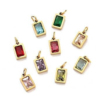 Vacuum Plating 304 Stainless Steel Pendants, with Cubic Zirconia and Jump Rings, Single Stone Charms, Rectangle, Golden, Mixed Color, 9.5x6x3mm, Hole: 3.6mm