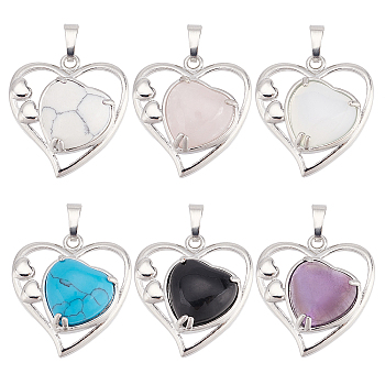 PandaHall Elite 6Pcs 6 Style Natural & Synthetic Gemstone Pendants, with Platinum Tone Brass Findings, Heart, 28x26x5mm, Hole: 8x5mm, 1pc/style