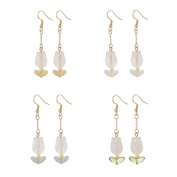 Acrylic Tulip with Glass Leaf Dangle Earrings, Golden 304 Stainless Steel Jewelry for Women, Mixed Color, 63mm, Pin: 0.7mm