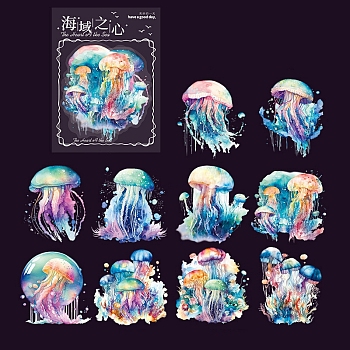 10Pcs Ocean Theme Waterproof PET Decorative Sticker Labels, Self-adhesive Sea Animal Decals, for DIY Scrapbooking, Jellyfish, 60x60mm