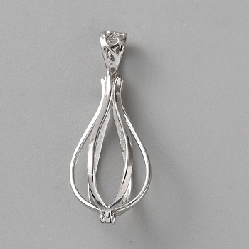925 Sterling Silver Bead Cage Pendants, Teadrop Hollow Cage Charms, Rhodium Plated, Non-Tarnish, Platinum, 28x13.5mm, Hole: 5.7x4mm, Tray: 12mm