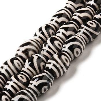 Tibetan Style dZi Beads Strands, Natural & Dyed Agate Beads, Rice, Black, 2-Eye, 13~14x9.5~10mm, Hole: 1.4mm, about 25pcs/strand, 13.58 inch(34.5cm)