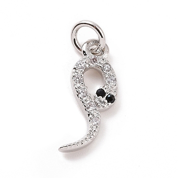 Brass Micro Pave Cubic Zirconia Charms, with Jump Ring, Snake Charm, Platinum, 15x6x2mm, Hole: 2.8mm