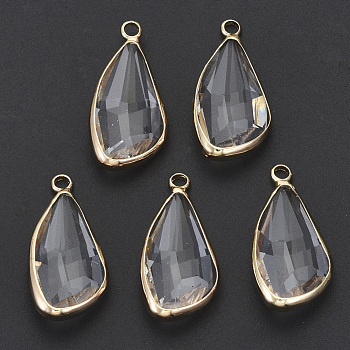 Transparent Glass Pendants, with Light Gold Plated Brass Findings, Faceted, Teardrop, Clear, 26x13x6mm, Hole: 2mm