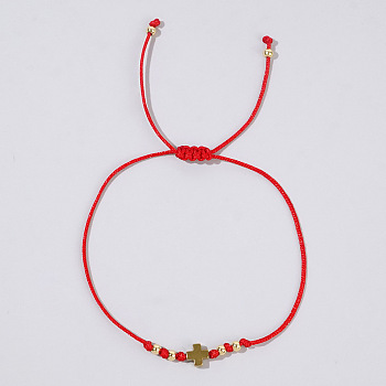 Adjustable Cross & Round Braided Bead Bracelets for Women, Red, 11 inch(28cm)