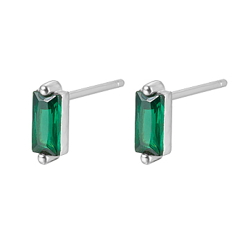Cubic Zirconia Rectangle Stud Earrings, Silver 925 Sterling Silver Post Earrings, with 925 Stamp, Dark Green, 7.8x3mm