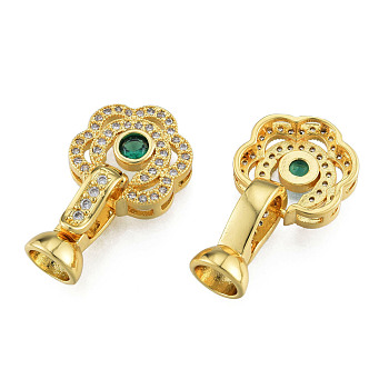 Brass Pave Clear & Green Cubic Zirconia Fold Over Clasps, Nickel Free, Flower, Real 18K Gold Plated, 25mm, Clasp: 14x7mm, Inner Diameter: 5mm, Flower: 13.5x13.5x4mm, Hole: 1.2mm