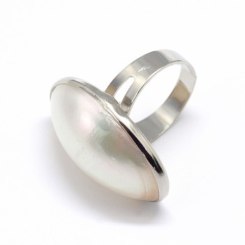 Platinum Plated Brass White Shell Finger Rings, Seashell Color, 18mm