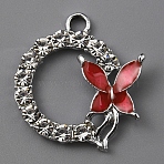 Alloy Enamel Pendants, with Rhinestone, Flat Round with Butterfly Charm, Platinum, Red, 22x20x3mm, Hole: 2mm(PALLOY-WH0112-03P-04)