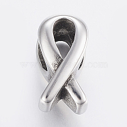 304 Stainless Steel Beads, Large Hole Beads, Awareness Ribbon, Antique Silver, 14x7.5x9.5mm, Hole: 5.5mm(STAS-H446-83AS)