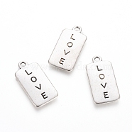 Rack Plating Tibetan Style Alloy Pendants, Rectangle with Word Love, for Valentine's Day, Antique Silver, 25.5x13x2mm, Hole: 2mm(TIBEP-L005-05AS)
