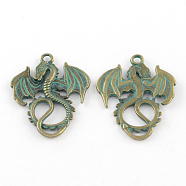 Zinc Alloy Dragon Pendants, Cadmium Free & Lead Free, Antique Bronze & Green Patina, 35x27x2mm, Hole: 2.5mm(PALLOY-R065-023-LF)