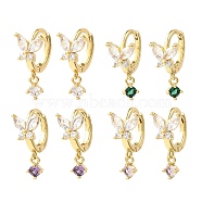 Butterfly Real 18K Gold Plated Brass Dangle Hoop Earrings, with Clear Cubic Zirconia, Long-Lasting Plated, Lead Free & Cadmium Free, Mixed Color, 18x7.5mm(EJEW-L270-11G)