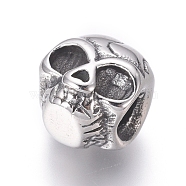 304 Stainless Steel Beads, Polished, Skull, Antique Silver, 12.5x11x10mm, Hole: 3.5mm(STAS-G214-13AS)