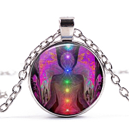 Chakra Theme Yoga Human Glass Pendant Necklace, Alloy Jewelry for Women, Platinum, 15.75 inch~19.72 inch(40~50.1cm)(CHAK-PW0001-023A)