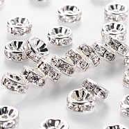 Brass Rhinestone Spacer Beads, Grade AAA, Straight Flange, Nickel Free, Silver Color Plated, Rondelle, Crystal, 8x3.8mm, Hole: 1.5mm(RB-A014-Z8mm-01S-NF)