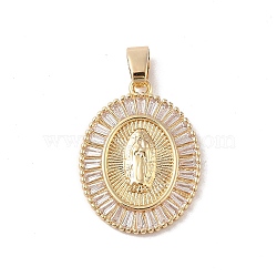 Brass Cubic Zirconia Pendants, Long-Lasting Plated, Oval with Holy Virgin Charms, Golden, Clear, 25x19x2.5mm, Hole: 6x5mm(KK-Z050-27G-01)