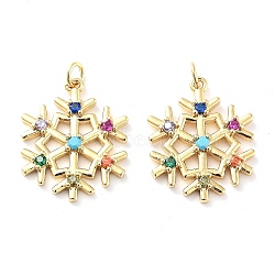 Rack Plating Brass Micro Pave Colorful Grade AAA Cubic Zirconia Pendants, with Jump Ring, Long-Lasting Plated, Cadmium Free & Lead Free, Snowflake, Real 18K Gold Plated, 19x16x2.5mm, Hole: 2mm(KK-M280-05G)
