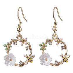 Alloy Enamel Dangle Earring, with Rhinestone with Acrylic and 304 Stainless Steel Earring Hooks, Flower with Bees, Golden, 36x22.5mm(EJEW-JE05954)