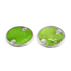 Spray Painted Natural Freshwater Shell Connector Charms, Sliver Plated Edg, Flat Round, Lime Green, 25x2~3mm, Hole: 1.8mm(SHEL-N026-219)