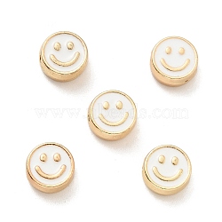 Alloy Enamel Beads, Golden, Flat Round with Smiling Face, White, 8x4mm, Hole: 1.6mm(FIND-E029-01G-02)