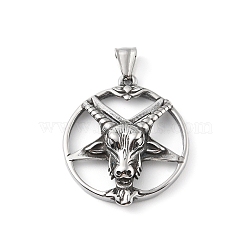 304 Stainless Steel Pendants, with 201 Stainless Steel Snap on Bails, Ring with Devil Head Charm, Antique Silver, 42x36x9mm, Hole: 9x4mm(STAS-K255-02AS)