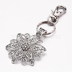 Tibetan Style Pendant Keychain, with Iron Key Clasp Findings and Alloy Swivel Clasps, Flower, Mixed Color, 120mm(KEYC-JKC00095)