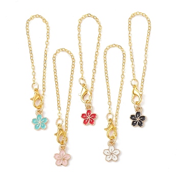 Alloy Enamel Pendants Decorations, with Brass Flat Oval Cable Chains and Zinc Alloy Lobster Claw Clasps, Flower, Golden, 65mm