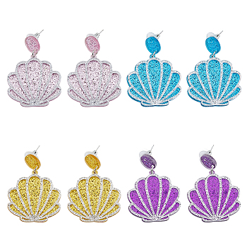 FIBLOOM 4 Pairs 4 Colors Sparkling Resin Shell Shape Dangle Stud Earrings for Women, Mixed Color, 47x35mm, 1 Pair/color