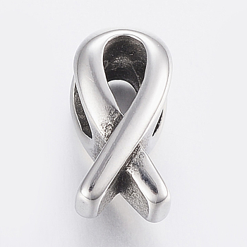 304 Stainless Steel Beads, Large Hole Beads, Awareness Ribbon, Antique Silver, 14x7.5x9.5mm, Hole: 5.5mm