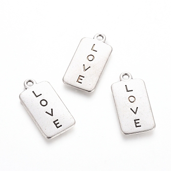Rack Plating Tibetan Style Alloy Pendants, Rectangle with Word Love, for Valentine's Day, Antique Silver, 25.5x13x2mm, Hole: 2mm