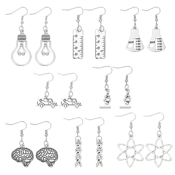 8 Pairs 8 Style Medicine Theme Alloy Dangle Earrings for Women, Vehicle & Body & Bottle & Microscope, Antique Silver, 38~59.5mm, Pin: 0.6mm, 1 Pair/style