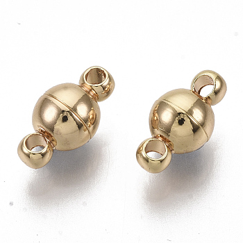 Brass Magnetic Clasps with Loops, Nickel Free, Round, Real 18K Gold Plated, 11.5x6mm, Hole: 1.8mm