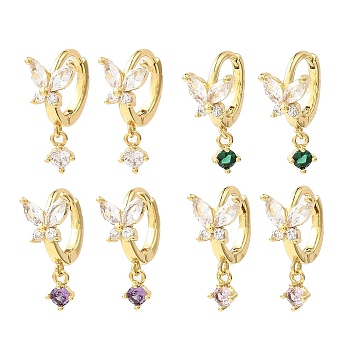 Butterfly Real 18K Gold Plated Brass Dangle Hoop Earrings, with Clear Cubic Zirconia, Long-Lasting Plated, Lead Free & Cadmium Free, Mixed Color, 18x7.5mm