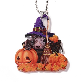Opaque One-sided Printed Acrylic Big Pendants, with Iron, for Halloween, Dog with Pumpkin, Coral, 300x2mm, Hole: 3.5mm
