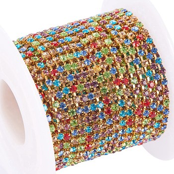 Brass Rhinestone Strass Chains, with Spool, Rhinestone Cup Chain, about 2880pcs Rhinestone/roll, Grade A, Raw(Unplated), Nickel Free, Colorful, 2mm, about 10yards/roll