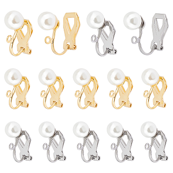 20Pcs 2 Colors 304 Stainless Steel Clip-on Earring Findings with Imitation Pearl Plastic Beaded, with Loops, Golden & Stainless Steel Color, Bead: 6mm, 10Pcs/color