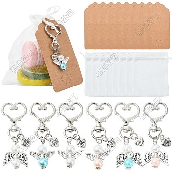 12Pcs 6 Styles Alloy & Glass Pearl Pendants Decoration, with Zinc Alloy Swivel Lobster Claw Clasps, Angel, Antique Silver & Platinum, 62mm, 2pcs/style